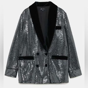 Zara Sequin Metallic Velvet Black Tuxedo Double Breasted Blazer
